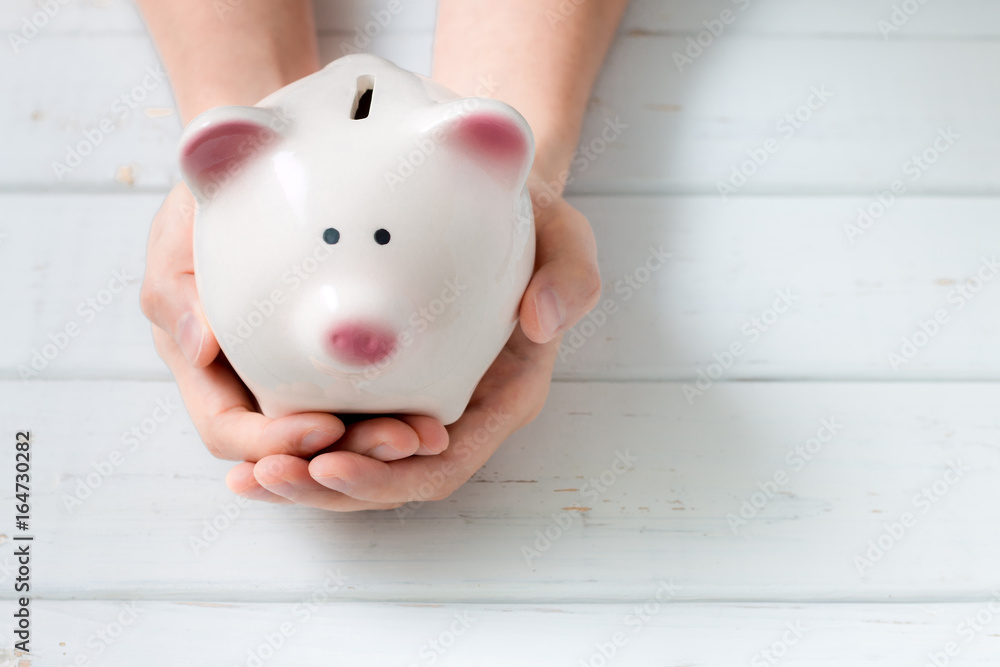 Piggy bank protected by hands Piggy bank protected by hands