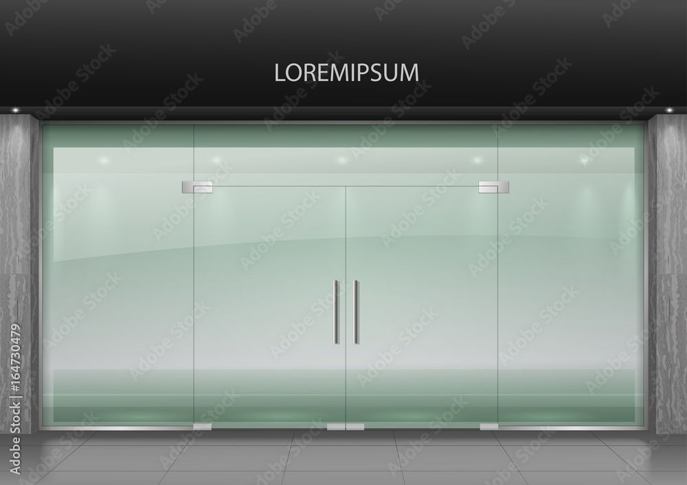 The glass facade of the shopping center building is a shop, airport, railway station with entrance doors. Transparency of the glass. Vector graphics The glass facade of the shopping center building is a shop, airport, railway station with entrance doors. Transparency of the glass. Vector graphics