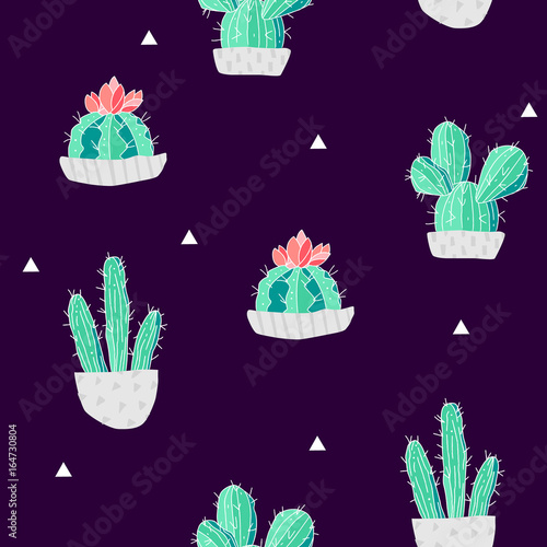 Summer pattern with cacti in a flowerpots and triangles on black background. Vector.