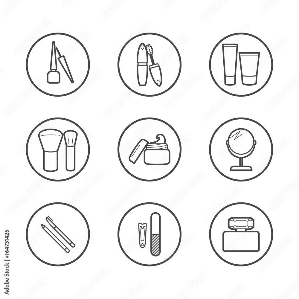 Vector cosmetic icons. Mascara, brush, perfume, cream and other make-up items. Makeup thin linear signs for manicure, pedicure and Visage. Vector cosmetic icons. Mascara, brush, perfume, cream and other make-up items. Makeup thin linear signs for manicure, pedicure and Visage.