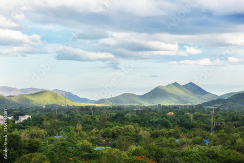 Mountain landscape view with infrastructure at Kaeng Krachan National Park in Thailand