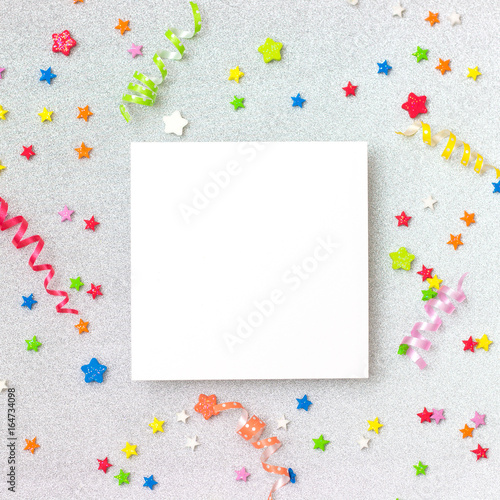 Colorful party background with copyspace. Celebration concept. Flat lay.