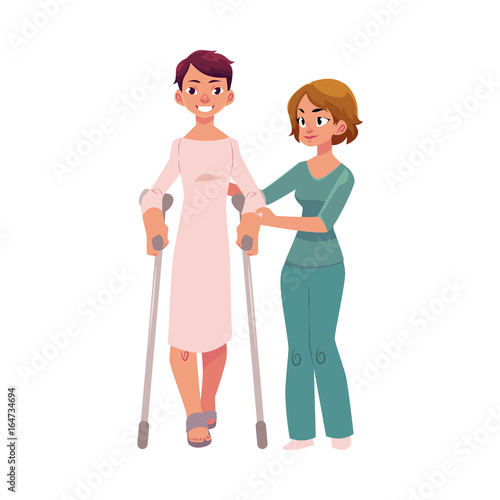 Medical rehabilitation, physiotherapist helping patient walking with crunches, cartoon vector illustration on white background. Medical rehabilitation, physical therapy, using crunches