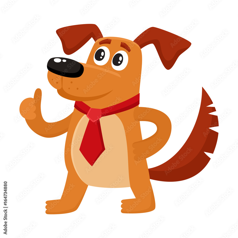 Funny brown house dog character in red tie showing thumb up, cartoon vector  illustration isolated on white background. Funny dog, puppy character in  businessman tie standing and showing thump up Stock Vector |
