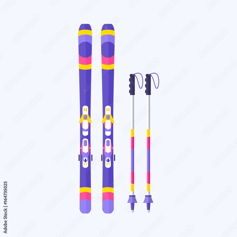 Pairs of skis and sticks, poles, flat style vector illustration isolated on background. Flat vector ski and ski poles, colorful illustration Pairs of skis and sticks, poles, flat style vector illustration isolated on background. Flat vector ski and ski poles, colorful illustration