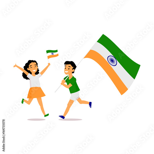 Two kids, boy and girl, running happily with tricolor Indian flags, simple cartoon vector illustration isolated on white background. Indian boy and girl running with national tricolor flags