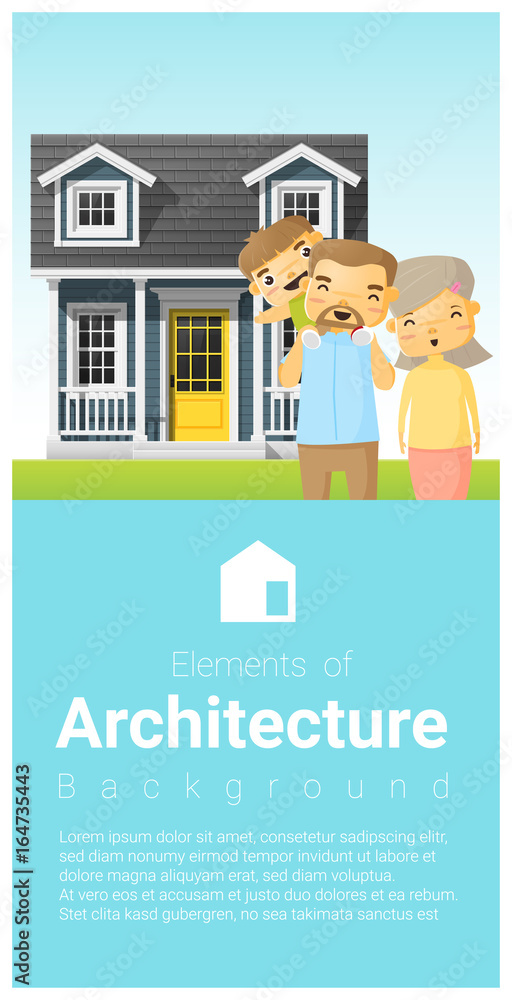 Happy family standing outside their house background , vector , illustration