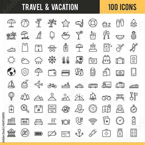 Travel and vacation icon set. Vector illustration.