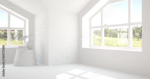 White empty room with summer landscape in window. Scandinavian interior design. 3D illustration