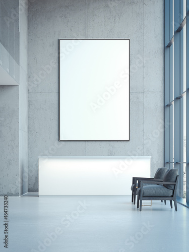 Office hall with blank banner on wall. 3d rendering