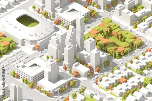 Architectural Isometric info graphic city streets with different buildings, houses, transport, shops and skyscrapers. 3D low poly style.