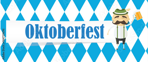 Oktoberfest Banner mit nettem Bayer in Tracht - blauweiß -  Rauten