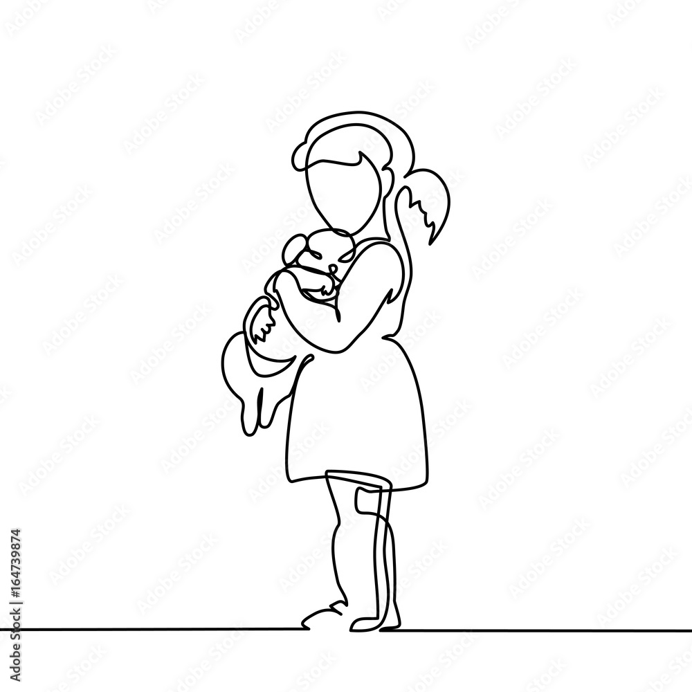 Little Girl hugs puppy. Continuous line drawing. Vector illustration on white background Little Girl hugs puppy. Continuous line drawing. Vector illustration on white background