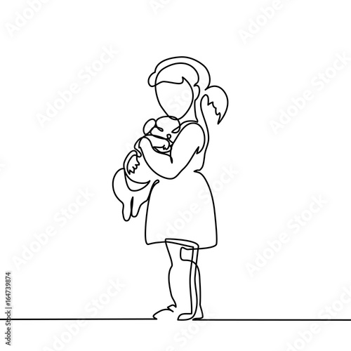 Little Girl hugs puppy. Continuous line drawing. Vector illustration on white background