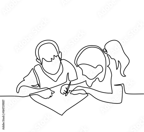 Boy and girl drawing on paper. Back to school concept. Continuous line drawing. Vector illustration on white background
