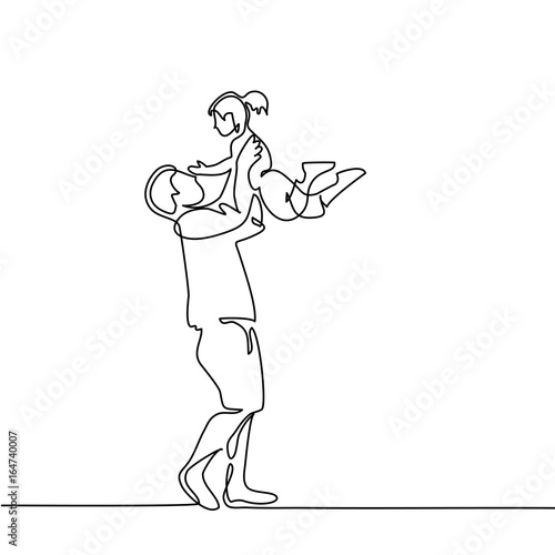 Continuous line drawing vector illustration. Father with small daughter in hands.