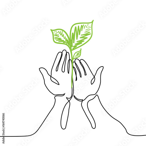 Hands holds a living green plant seedling. Continuous line drawing. Vector illustration