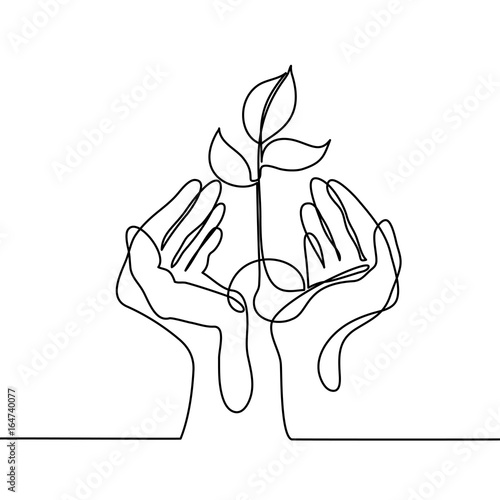 Continuous line drawing. Hands palms together with growth plant. Vector illustration