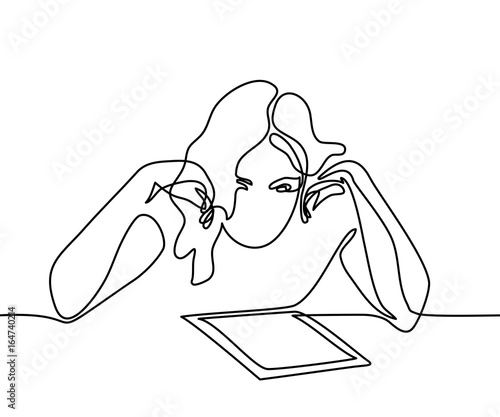 Continuous line drawing. Young woman reading book. Vector illustration