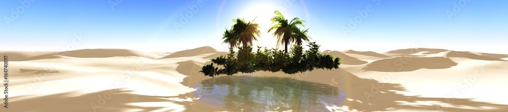 Oasis, panorama of the sunset in the sandy desert, palm trees in the desert near the pond, 3d rendering