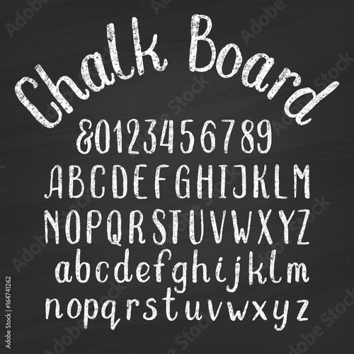 Hand drawn chalk board alphabet font. Upper and lower case letters and numbers on a distressed background. Retro vector typeface for your design.