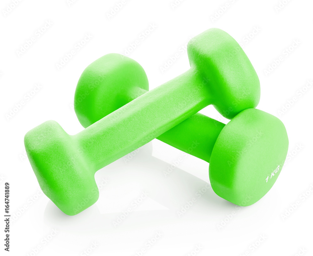 Green dumbbells isolated on white background Green dumbbells isolated on white background