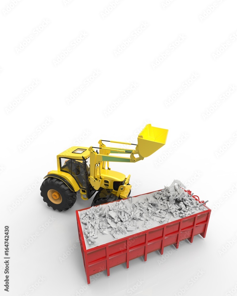 Obraz premium Industrial background with skip and bulldozer 3d rendering