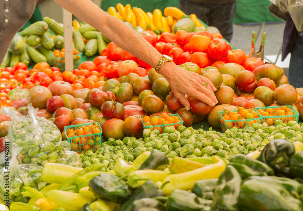Farmer's market produce stand with woman's hand reaching for an heirloom tomato. Horizontal photo includes cherry tomatoes, brussel sprouts, zucchini, squashes, gypsy peppers and bell peppers