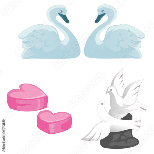 A set of symbols of love, marriage and honeymooners. A pair of swans, pigeons and hearts isolated on white background. Vector illustration.