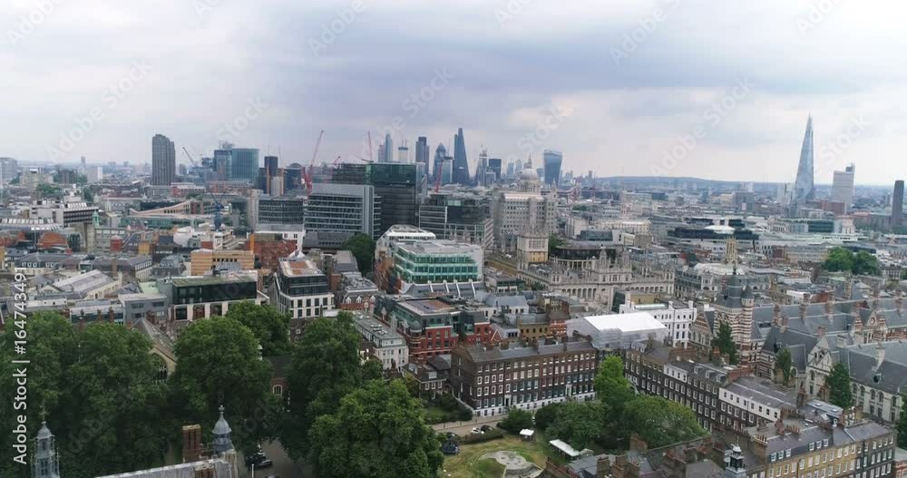 Aerial descending view of the skyline of the City of London from the Inns of Law Aerial descending view of the skyline of the City of London from the Inns of Law
