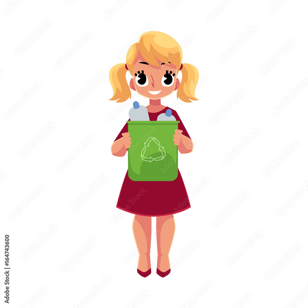 Girl holding trash bin with plastic bottles, garbage recycling concept, cartoon vector illustration isolated on white background. Full length portrait of girl with trash bin full of plastic bottles Girl holding trash bin with plastic bottles, garbage recycling concept, cartoon vector illustration isolated on white background. Full length portrait of girl with trash bin full of plastic bottles