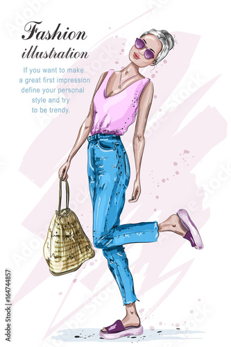 Cute stylish girl in fashion clothes. Fashion woman with bag. Hand drawn blonde hair woman. Sketch. Vector illustration.