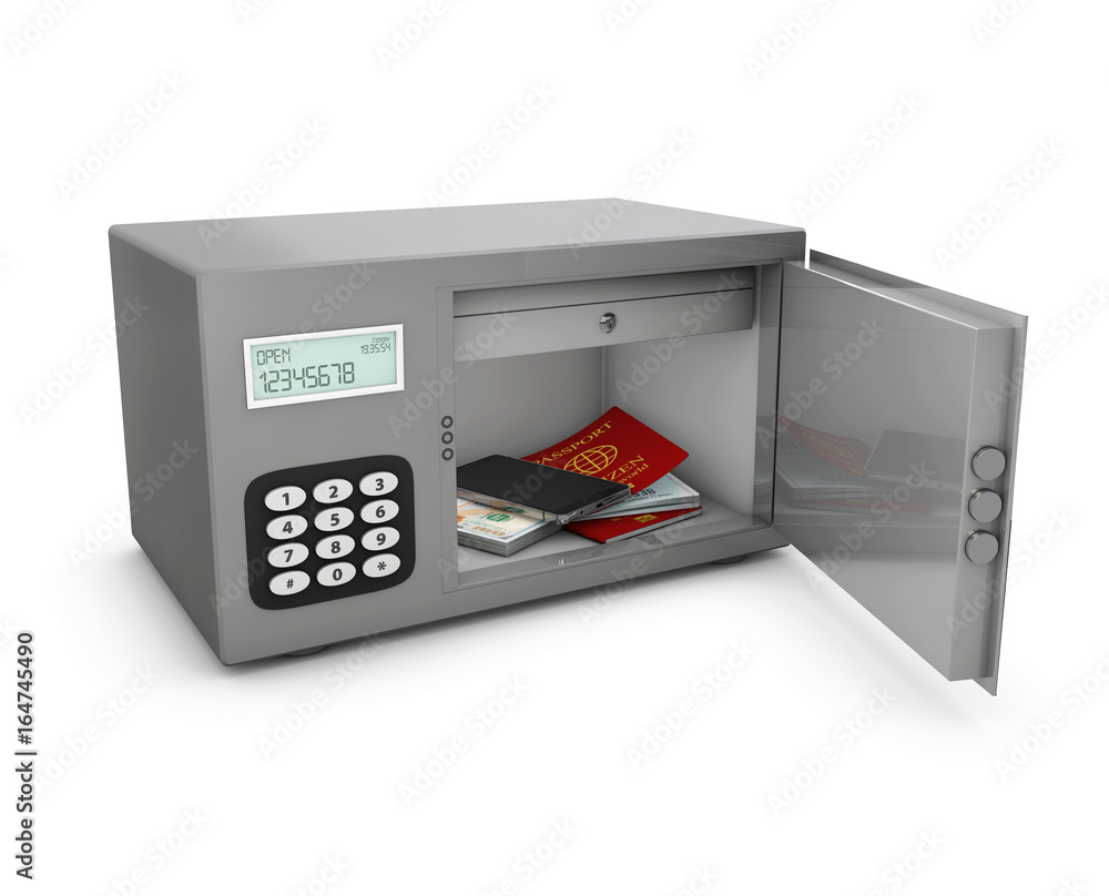 Open safe box with passport, phone and money. 3d illustration Open safe box with passport, phone and money. 3d illustration