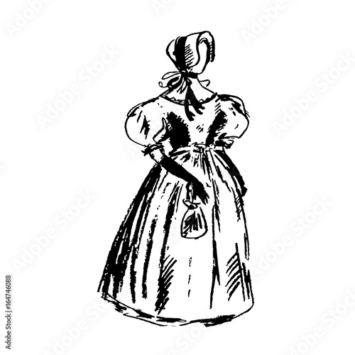 Stylish antique women's dress on the mannequin. No face. Vintage female clothes. Casual gown of victorian era. Accessories, hat, bag, long gloves. Sketch, graphics illustration. 