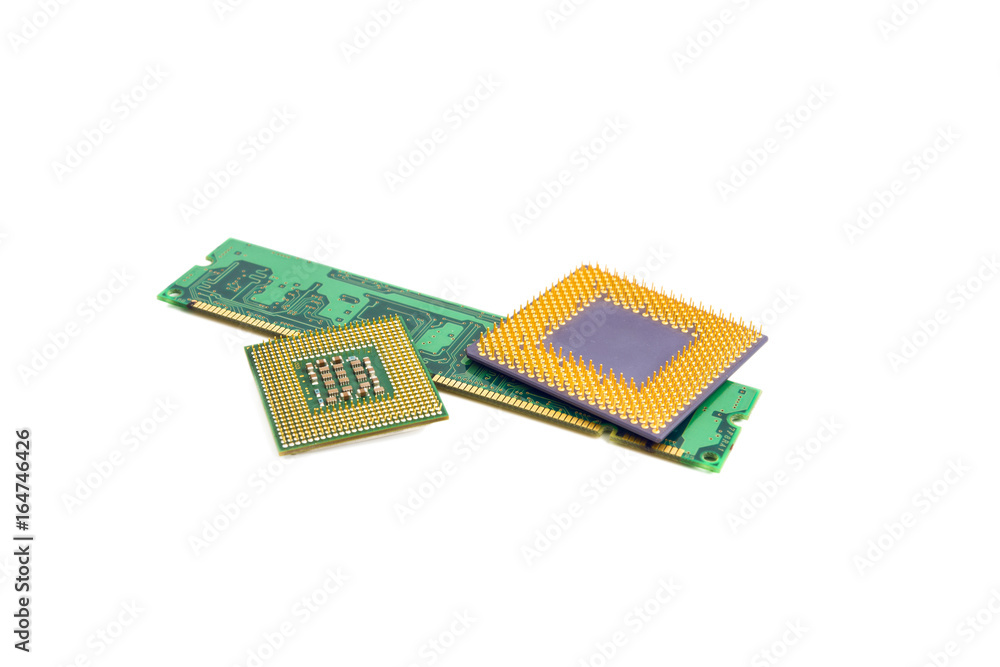 Computer Memory Chip With Two Processors Isolated On White Background Computer Memory Chip With Two Processors Isolated On White Background