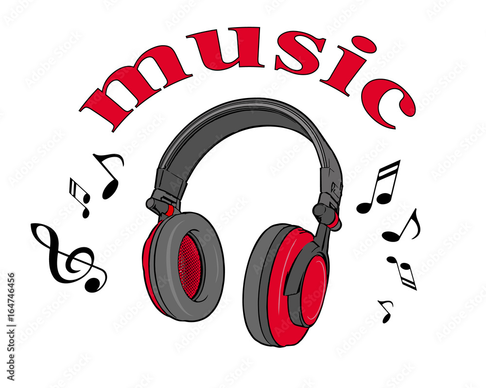 Φωτογραφία Vector illustration of a red gray headphones on a white background and an inscription music