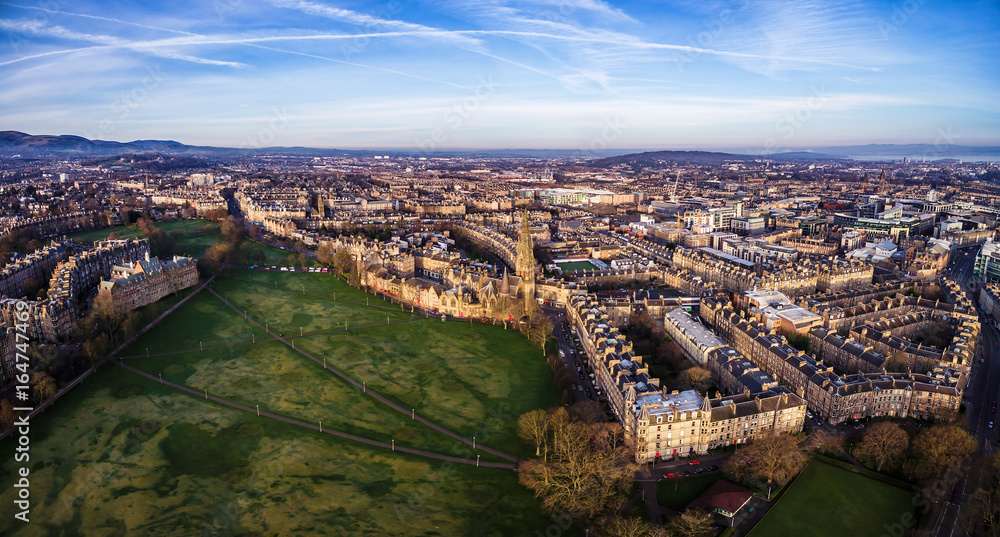 Panoramic view of Edinburgh's skyline with the Barclay Church in the middle and the Bruntsfield Links in the foreground. Scotland, UK