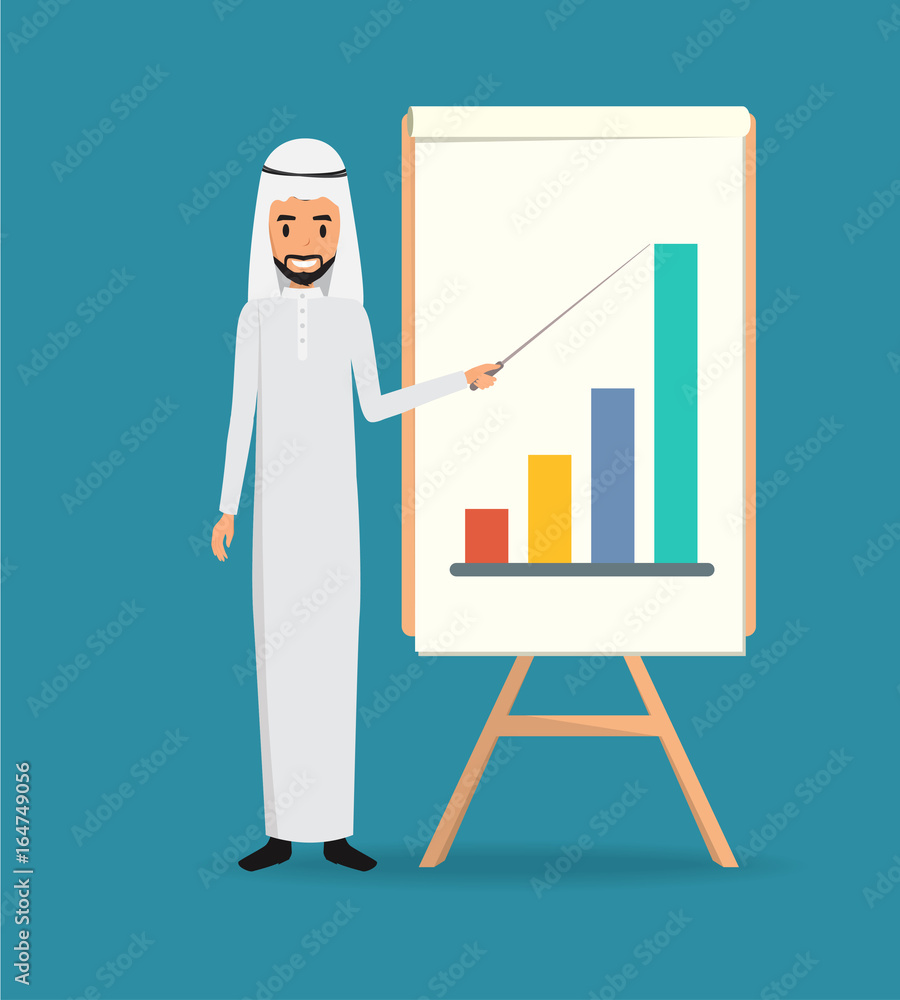 Arab man presenting a business graph. Business people concept. Illustration vector. Arab man presenting a business graph. Business people concept. Illustration vector.
