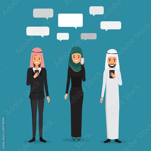 Arab people using mobile phone to communication. Group of people with speech bubble. Illustration vector cartoon.