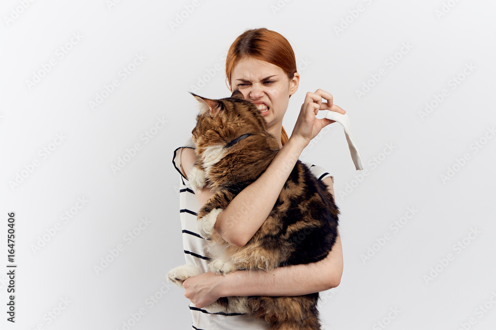 Obraz premium Young beautiful woman on a light background holds a cat