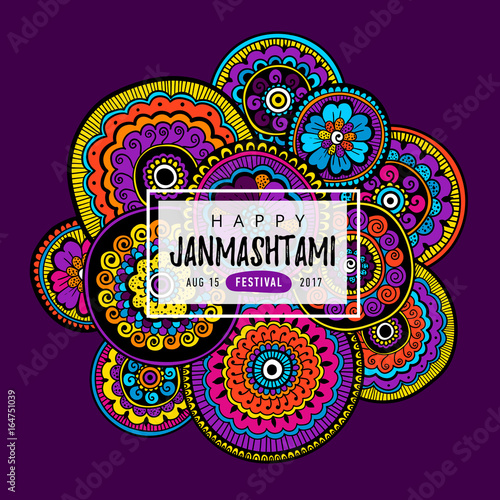 Vector banner, poster or greeting card for indian festival of Happy Krishna Janmashtami with hand drawn lettering