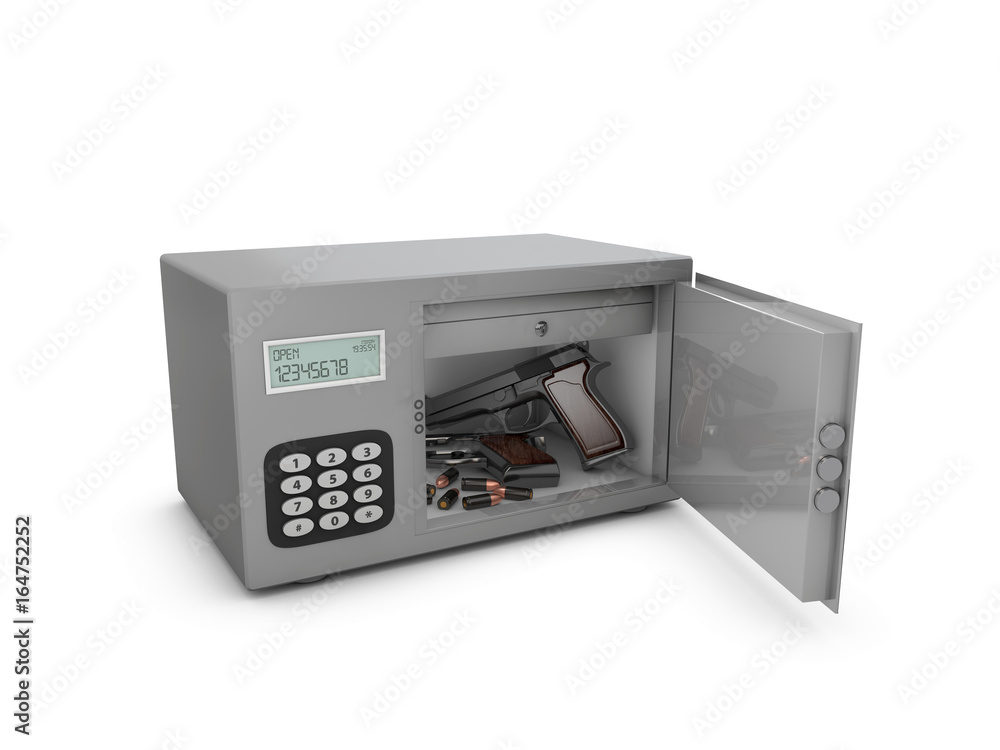 3d illustration of Open safe door with gun and bullets 3d illustration of Open safe door with gun and bullets