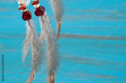 Feathers on wooden blue background