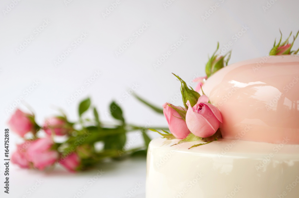Two-tiered modern french mousse cake with pink mirror glaze in the shape of a heart decorated with roses on a white background. Picture for a menu or a confectionery catalog. Close-up. Text space. Two-tiered modern french mousse cake with pink mirror glaze in the shape of a heart decorated with roses on a white background. Picture for a menu or a confectionery catalog. Close-up. Text space.