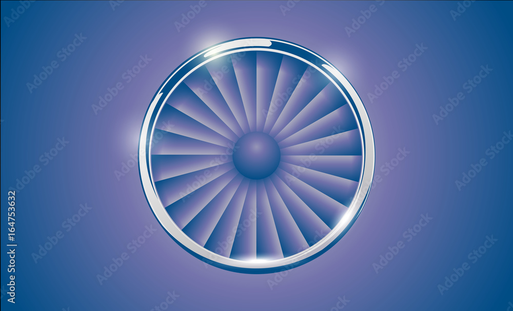 Jet Engine Turbine with chrome ring in retro violet blue color style. Detailed Airplane Motor Front View. Vector illustration aircraft turbo Fan of plane, machinery power icon symbol Jet Engine Turbine with chrome ring in retro violet blue color style. Detailed Airplane Motor Front View. Vector illustration aircraft turbo Fan of plane, machinery power icon symbol