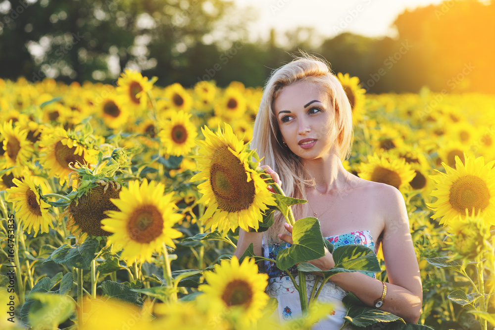 Young blond woman in a field of sunflowers and sweet smiles. Sunset light in the field of sunflowers Young blond woman in a field of sunflowers and sweet smiles. Sunset light in the field of sunflowers