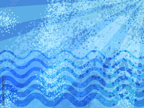 Blue summer sea cartoon abstract background. Grunge spotted halftones modern backdrop. Distress damaged wave and sun rays overlay dirty dots paint spray texture effect