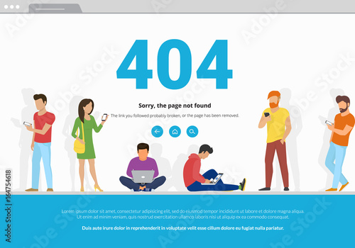 404 error page not found concept illustration of young people using mobile smarthone and laptop for web browsing. Flat design of guys and women standing into 404 error browser webpage frame