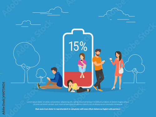 Battery low concept vector illustration of young people using smartphones and tablets with poor battery level. Flat people standing and sitting near big red battery symbol