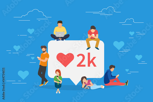 Social media bubble with red heart symbol flat vector illustration of young people using mobile gadgets such as laptop, tablet pc and smartphone for networking and collecting likes and comments.